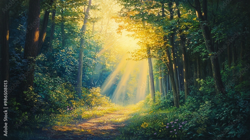 Obraz premium Sunlight Illuminates a Path Through a Lush Green Forest