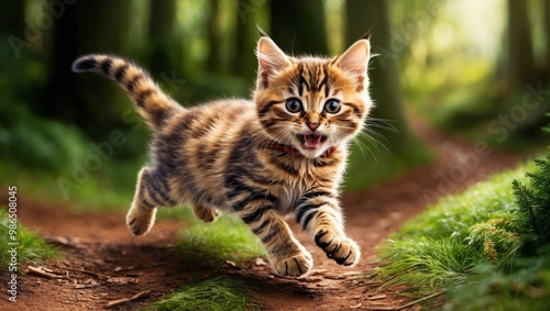 Wallpaper Mural A playful kitten dashes through a forest path Torontodigital.ca