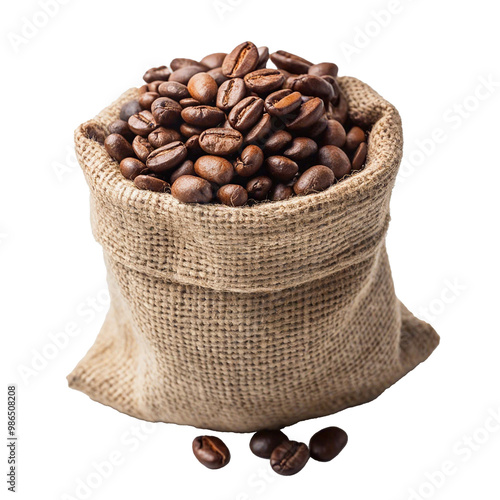 A rustic burlap sack overflowing with rich brown coffee beans. The burlap adds a textured, earthy feel, while the glossy beans evoke the warm aroma of freshly brewed coffee. Transparent background photo