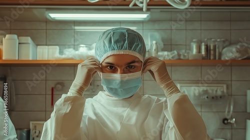 Surgeon Preparing in Scrub Room for Surgery, Medical Professional Adjusting Mask and Cap, Healthcare Environment for Clinical Practice Documentation photo