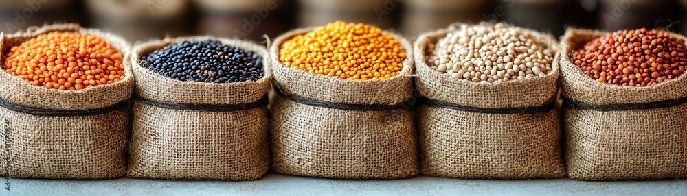 Jute bags filled with different legumes and grains, spilling onto a white surface