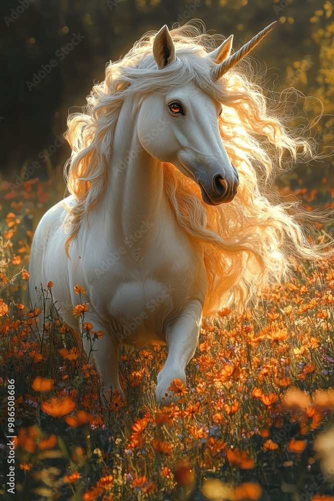 Majestic unicorn in a sunlit meadow, surrounded by wildflowers Majestic unicorn in a sunlit meadow, surrounded by wildflowers