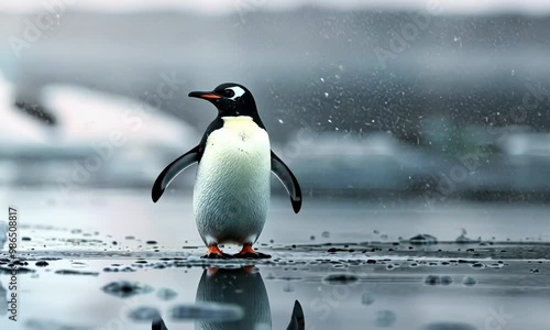 A penguin stands on a frozen lake 4K Video