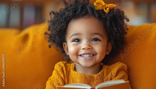 Smiling toddler holding a book, vibrant orange backdrop, joyful expression photo