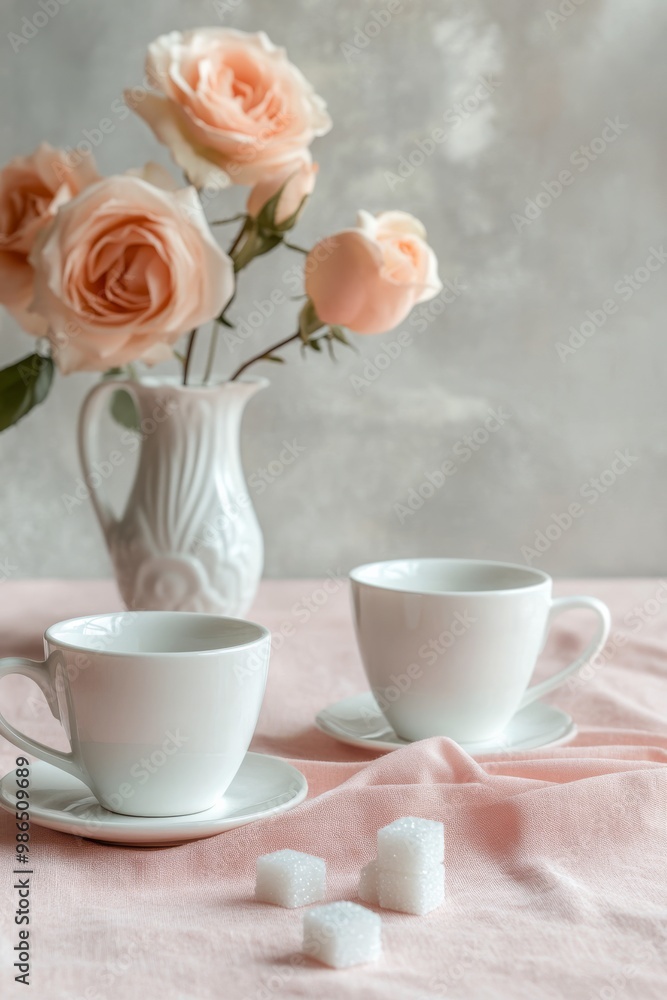 Morning coffee and pink roses on a soft fabric background in a cozy setting Morning coffee and pink roses on a soft fabric background in a cozy setting