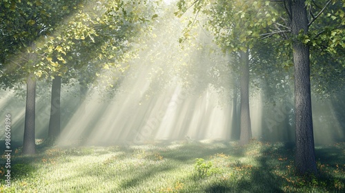 Sunbeams filtering through trees in a misty forest clearing