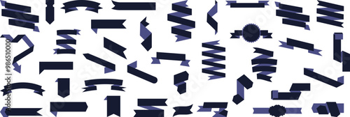 Collection of navy blue color ribbons illustrations with a flat design.