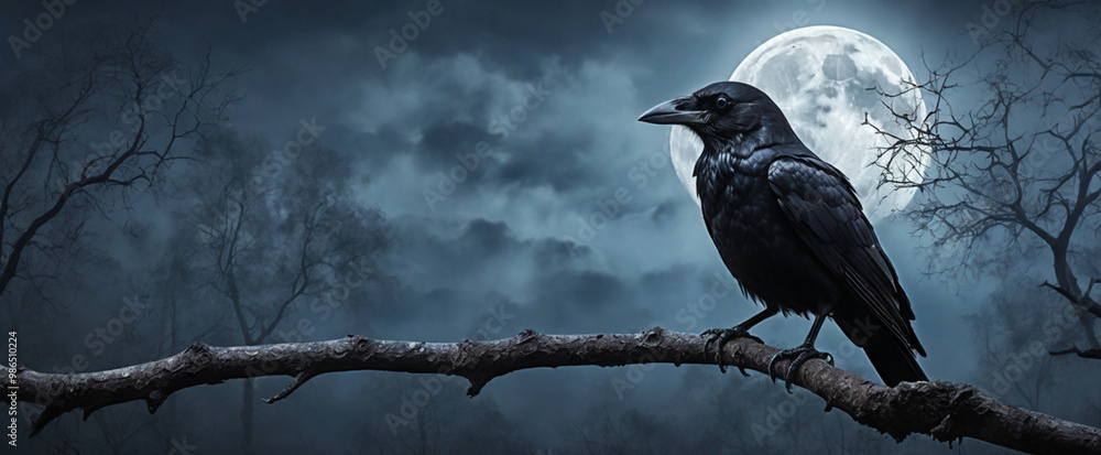 Fototapeta premium Crow sitting on the tree branch in the foggy spooky evening with full moon behind, Halloween or Friday the 13th concept.