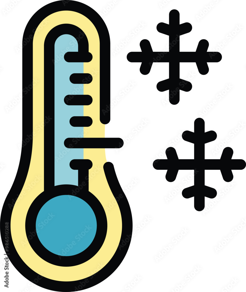 Simple colored icon of a thermometer showing low temperature with snowflakes, representing cold weather Simple colored icon of a thermometer showing low temperature with snowflakes, representing cold weather