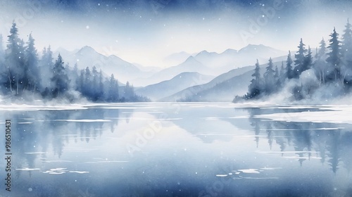 Watercolor icy lake background with gentle snowfall and soft blue-gray hues