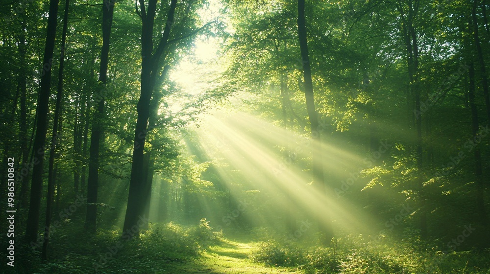 Obraz premium Sunbeams Filtering Through Lush Green Forest Canopy