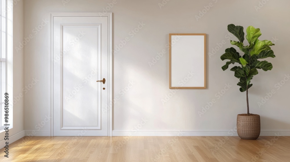 Modern interior with a door, a blank frame, and a green plant in a stylish minimalist space Modern interior with a door, a blank frame, and a green plant in a stylish minimalist space