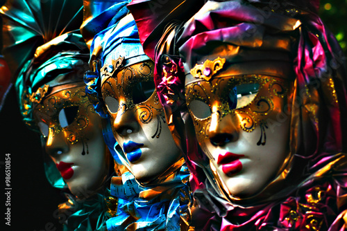Three Italian masks displayed in a market