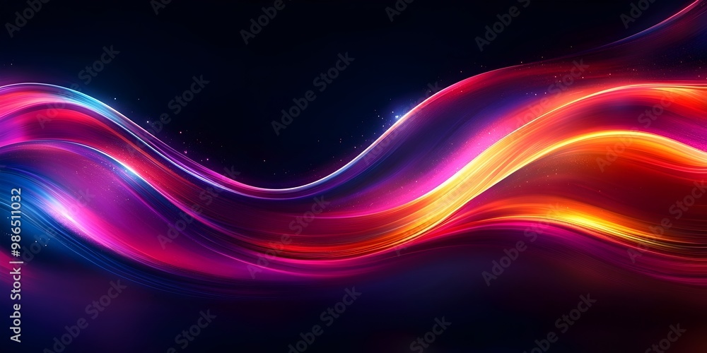 Fototapeta premium Abstract swirling wave of bright pink, orange and yellow light on a dark background.