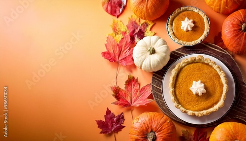 Homemade pumpkin pies decorated with fall leaves