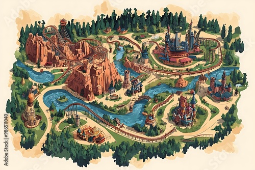 Hand Drawn Cartoon Map of Theme Park with Rollercoasters, Rides, and Castles