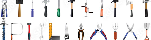 Collection of repair instrument on white background.