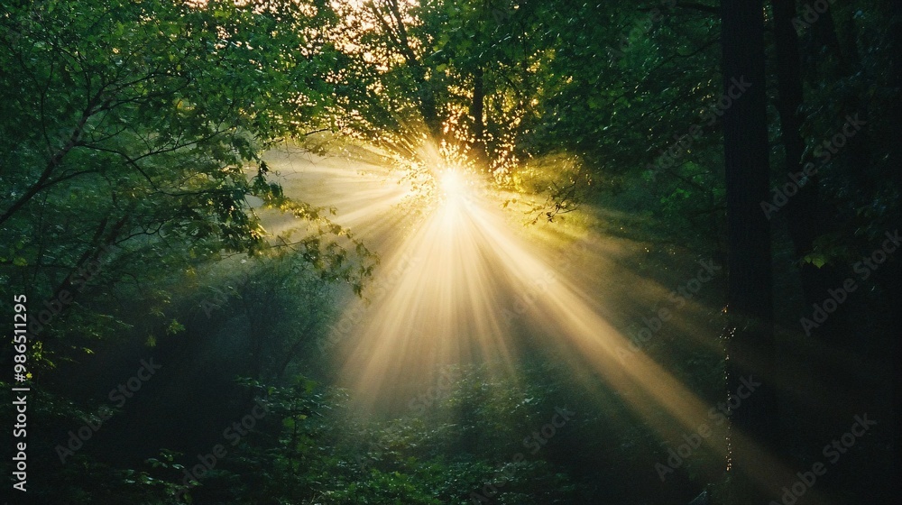 Fototapeta premium Sunbeams Filtering Through a Dense Forest Canopy