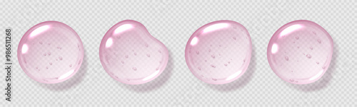 Pink serum drops, transparent gel droplets, realistic glossy liquid, moisturizing cosmetic product, hyaluronic acid concept. Vector illustration.