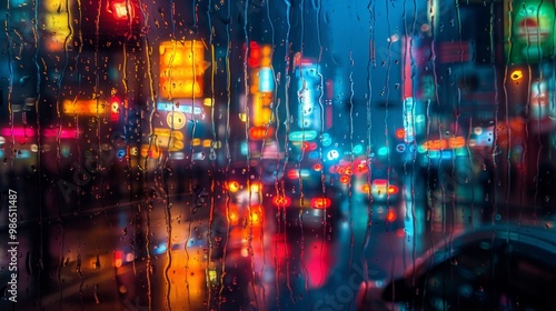 Urban Night Scene Through Rainy Window - Vibrant City Lights