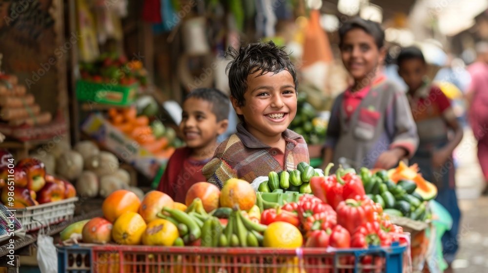 Joyful Children Pushing a Vibrant Cart Filled with Fresh Produce at a Local Market Joyful Children Pushing a Vibrant Cart Filled with Fresh Produce at a Local Market