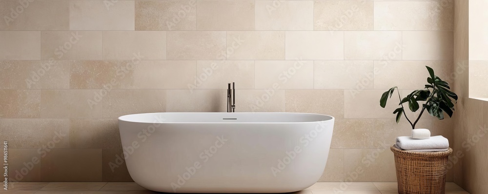 Beige stone-effect tiles with seamless grout lines in a minimalist bathroom, minimalist bathroom tiles, natural warmth Beige stone-effect tiles with seamless grout lines in a minimalist bathroom, minimalist bathroom tiles, natural warmth