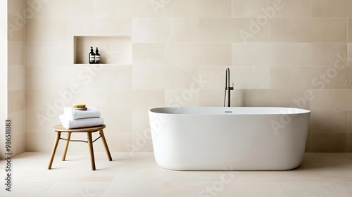 Beige stone-effect tiles with clean grout lines in a minimalist bathroom, minimalist bathroom tiles, natural elegance © Design@22