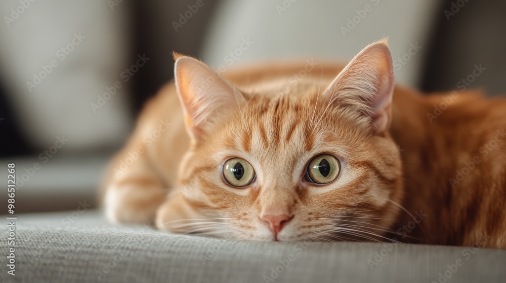 A relaxed orange cat with green eyes lounging comfortably on a couch at home in the afternoon A relaxed orange cat with green eyes lounging comfortably on a couch at home in the afternoon