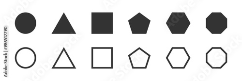 Basic geometric figures in both filled and outlined shapes isolated elements. Vector icons in flat style