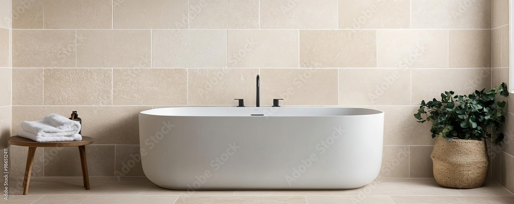Beige stone-effect tiles with seamless grout lines in a minimalist bathroom, minimalist bathroom tiles, natural warmth Beige stone-effect tiles with seamless grout lines in a minimalist bathroom, minimalist bathroom tiles, natural warmth