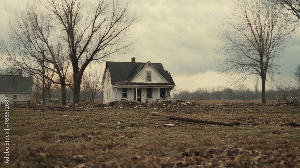 Fototapeta premium Abandoned house surrounded by debris in a desolate area under a cloudy sky during early evening