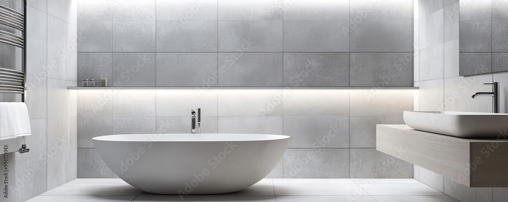 Concrete-look tiles with soft lighting and matte finish in a minimalist bathroom, minimalist bathroom tiles, urban simplicity Concrete-look tiles with soft lighting and matte finish in a minimalist bathroom, minimalist bathroom tiles, urban simplicity