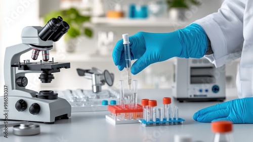 Scientist Working in a Lab with Microscope and Test Tubes