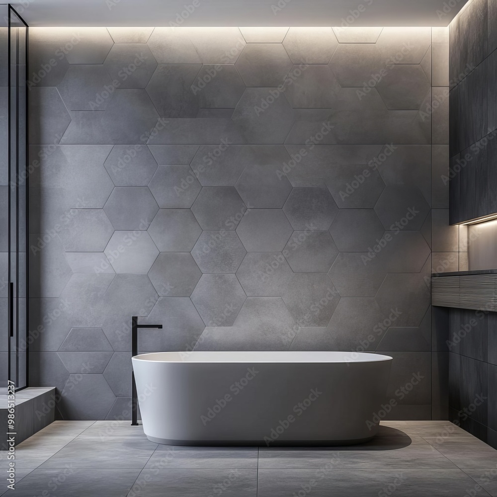 Hexagonal gray tiles with soft lighting in a minimalist bathroom, minimalist bathroom tiles, modern geometric elegance Hexagonal gray tiles with soft lighting in a minimalist bathroom, minimalist bathroom tiles, modern geometric elegance