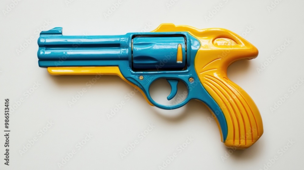 Close up of a plastic toy gun for children, blue and yellow. Copy space background. Ai generated image Close up of a plastic toy gun for children, blue and yellow. Copy space background. Ai generated image