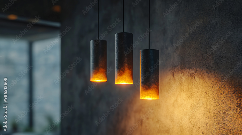 Fototapeta premium Three pendant lights in a dimly lit modern interior.