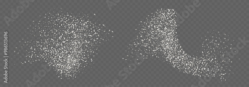 Coconut flakes, flying grated and desiccated coconut powder, dry scattered coco texture. Vector illustration.