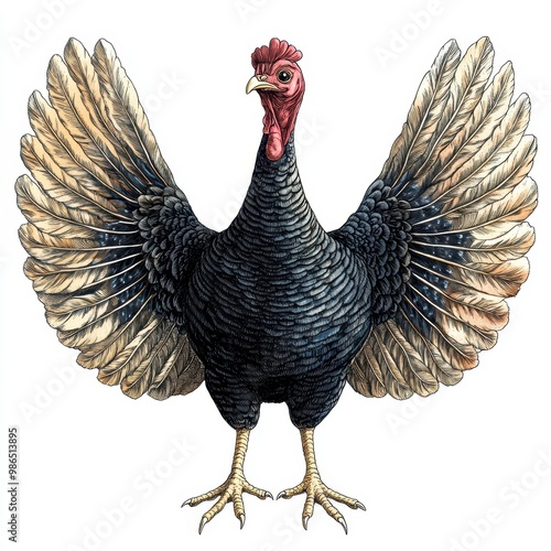 A majestic black turkey displaying its fan-like wings with detailed plumage. Perfect for farm-related themes and illustrations, white background photo