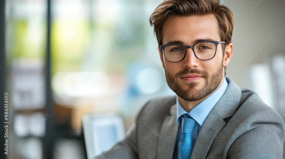 Obraz premium A confident young businessman smiles while seated in a modern office during daytime showcasing professionalism and approachability
