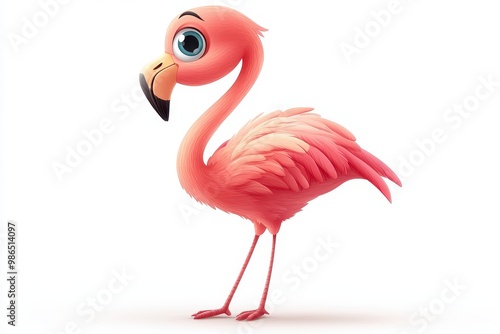 Playful cartoon flamingo illustration, featuring vibrant pink colors and large expressive eyes, perfect for fun and whimsical themes, white background photo