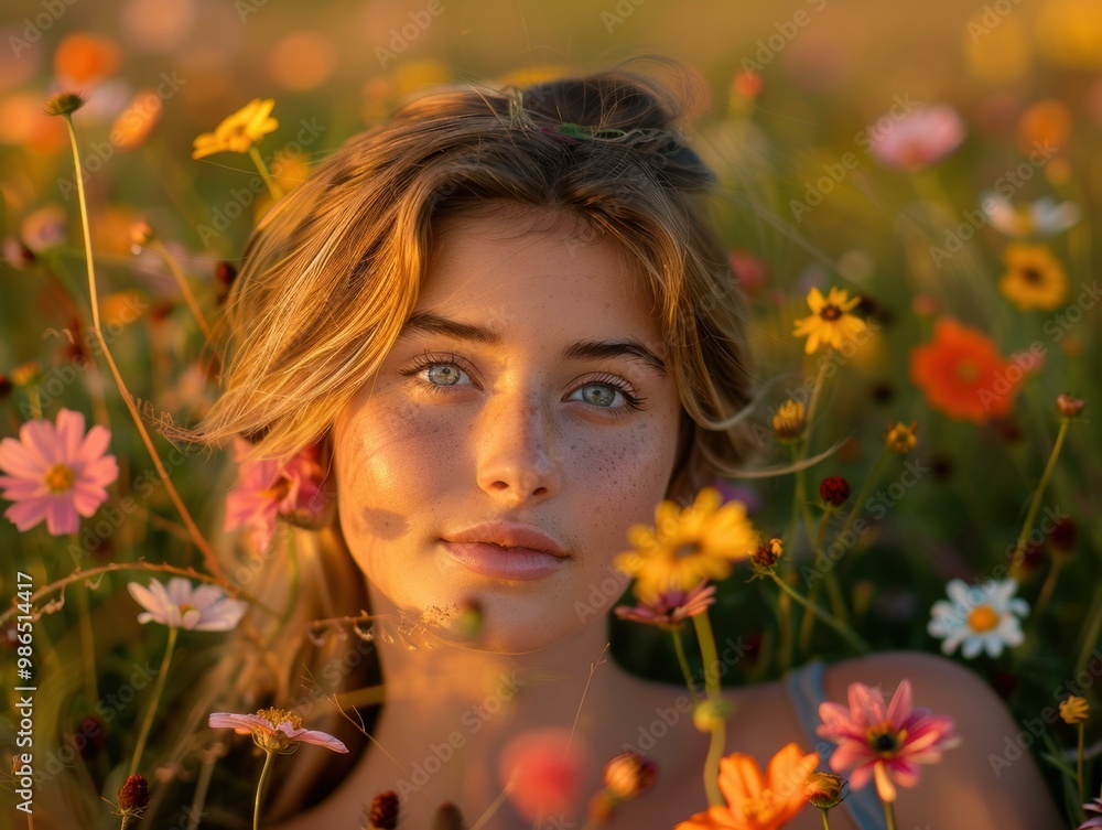 Naklejka premium A young woman with freckles and blue eyes surrounded by wildflowers. AI.
