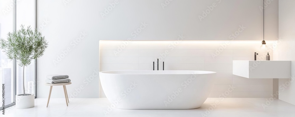 Large-format white tiles with soft lighting in a minimalist bathroom, minimalist bathroom tiles, clean and simple