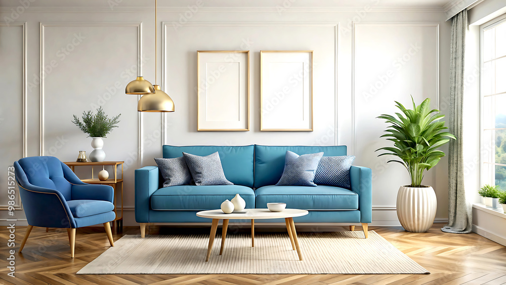 Home interior mock-up with blue sofa, table and decor in living room, 3d render, white Mock up frame Home interior mock-up with blue sofa, table and decor in living room, 3d render, white Mock up frame