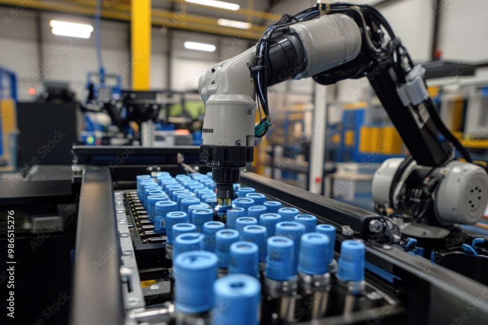 Fototapeta premium Industrial Robotic Arm Assembling Blue Cylindrical Parts on Conveyor Belt