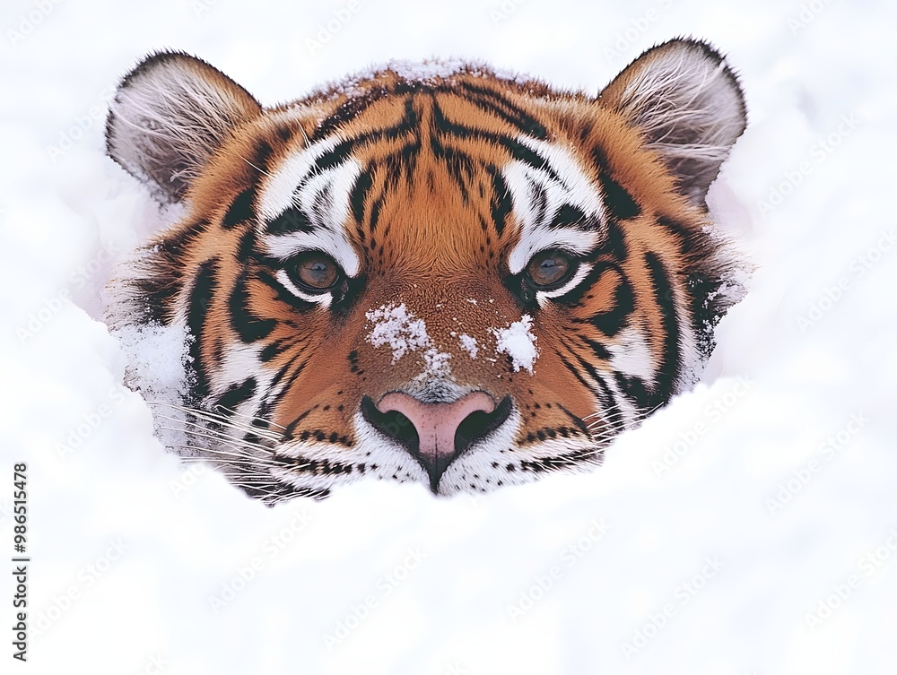 Obraz premium A tiger peeks out from the snow, its orange and black stripes contrasting against the white.