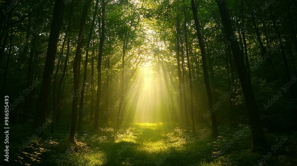 Fototapeta premium Sunbeams Streaming Through a Dense Forest Canopy