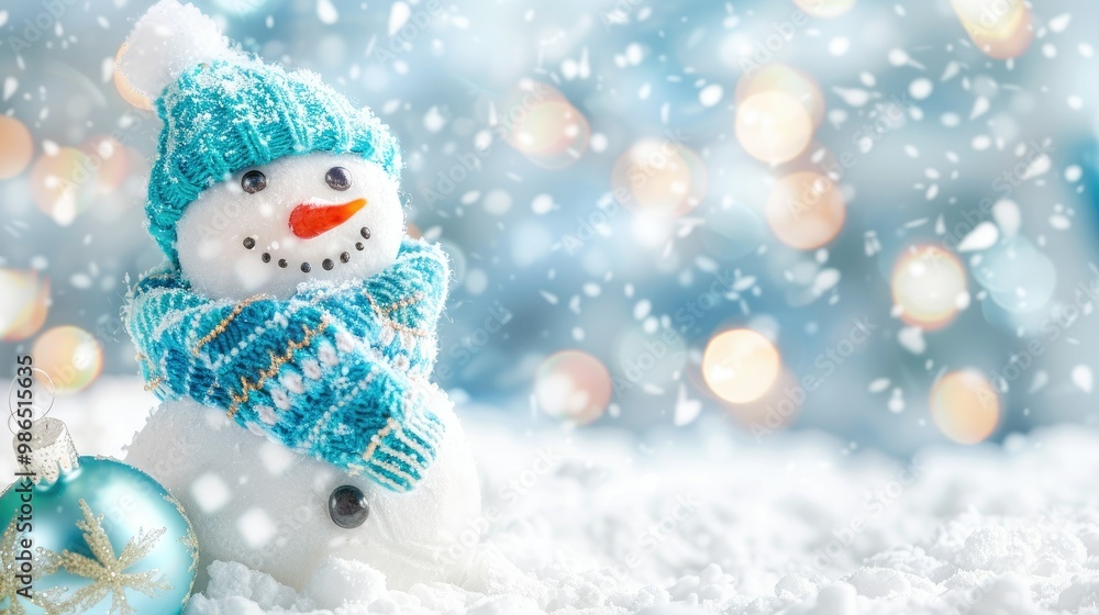 A cute snowman wearing a blue hat and scarf A cute snowman wearing a blue hat and scarf