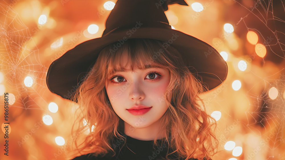 Cheerful Blonde teen woman dressed in playful Halloween-themed clothes and a black witch hat, smiling on her Halloween-decorated house terrace Cheerful Blonde teen woman dressed in playful Halloween-themed clothes and a black witch hat, smiling on her Halloween-decorated house terrace