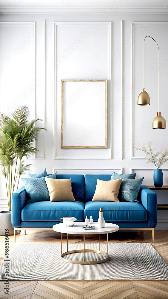 Home interior mock-up with blue sofa, table and decor in living room, 3d render, white Mock up frame Home interior mock-up with blue sofa, table and decor in living room, 3d render, white Mock up frame