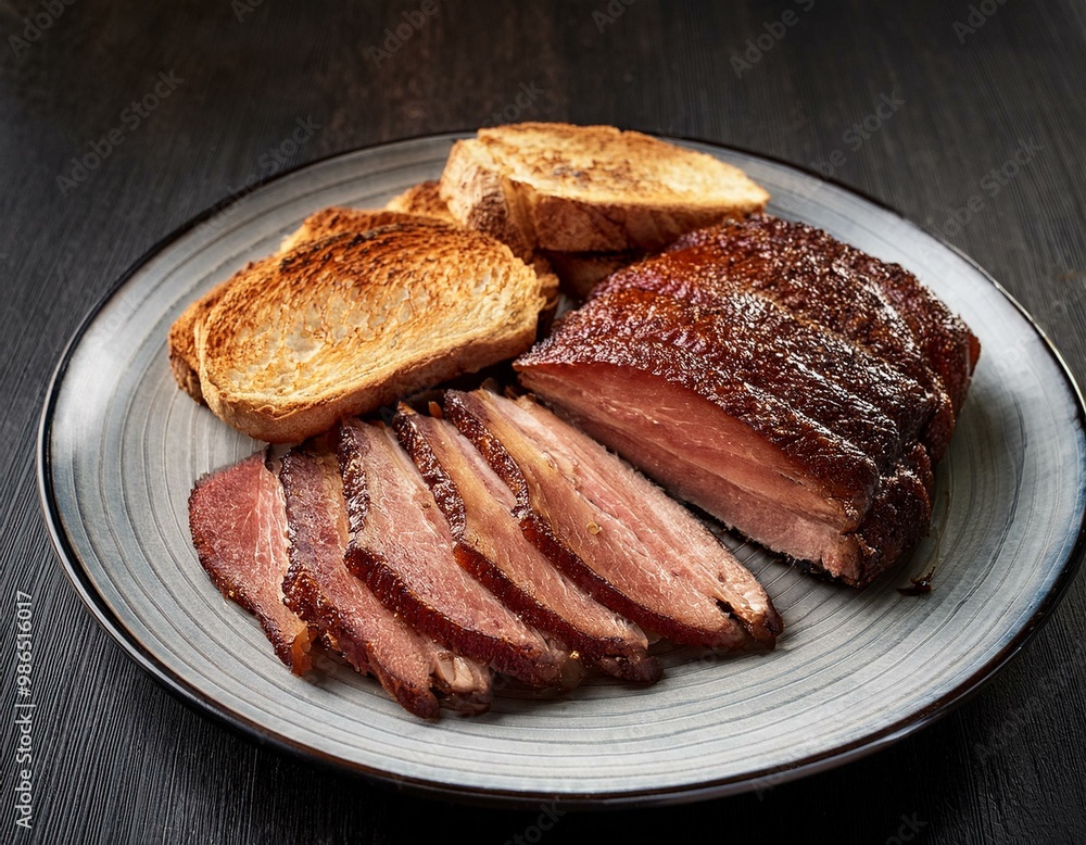 Sliced smoked brisket on a serving plate with toast Sliced smoked brisket on a serving plate with toast